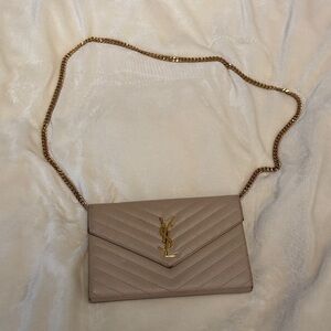 Yves Saint Laurent Taupe Quilted Clutch with Gold Chain